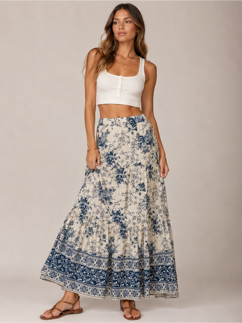 Zara Blue & White Floral Tiered Maxi Skirt Fully Lined Boho Cottagecore Floral